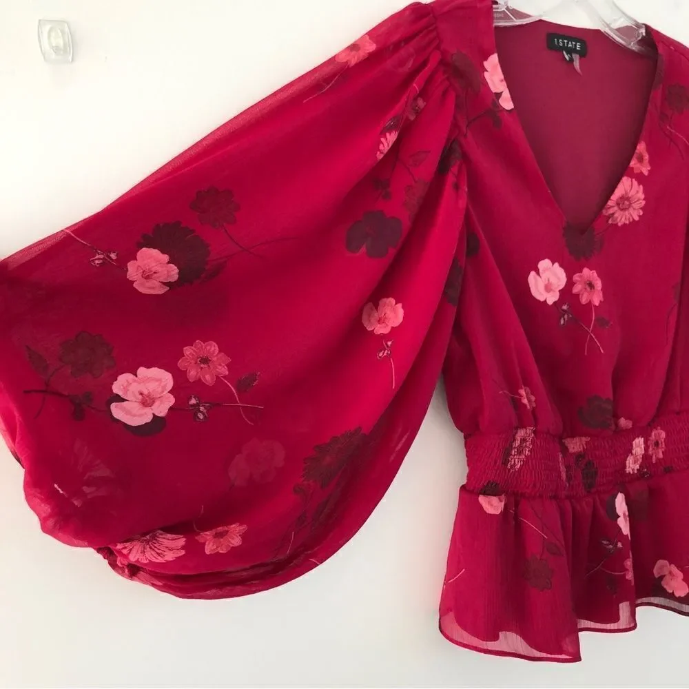 1. STATE Romantic Floral Blouse Puff Sleeve Floral Peplum in Wild Berry Small
